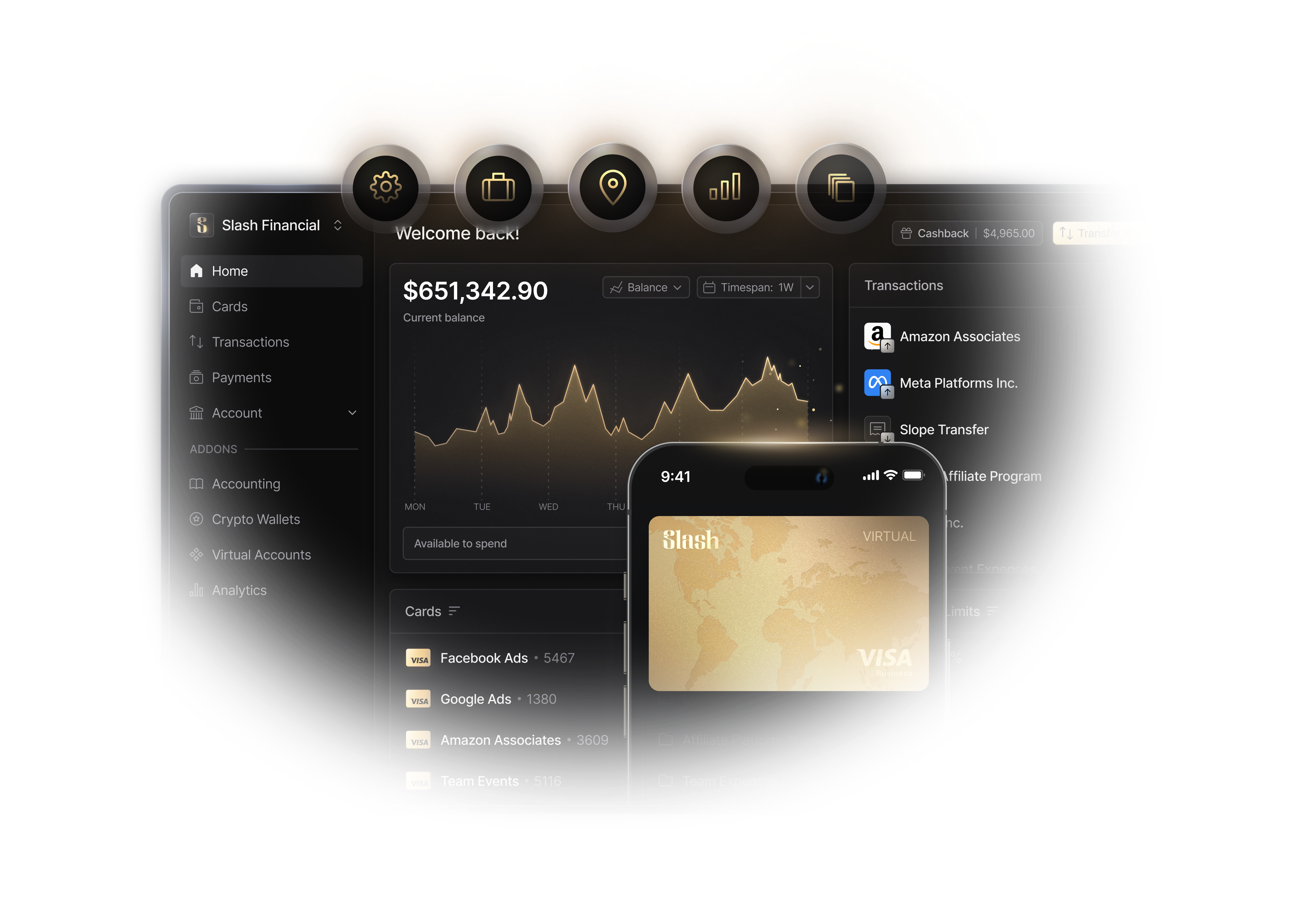 Slash Financial dashboard mockup showing balances, transactions, and card spend
