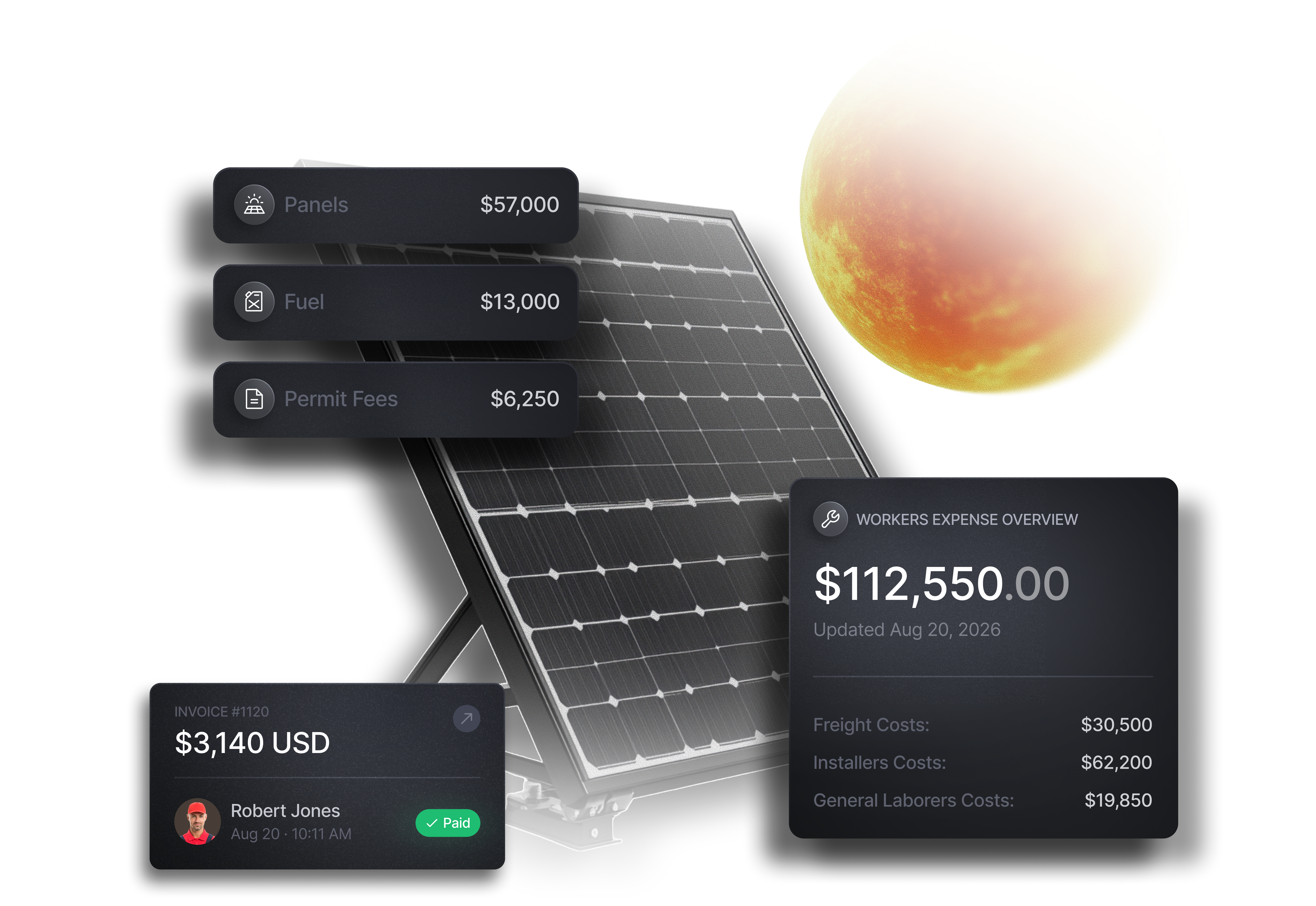Solar project costs broken out by panels, fuel, and permit fees alongside a worker expense overview in Slash